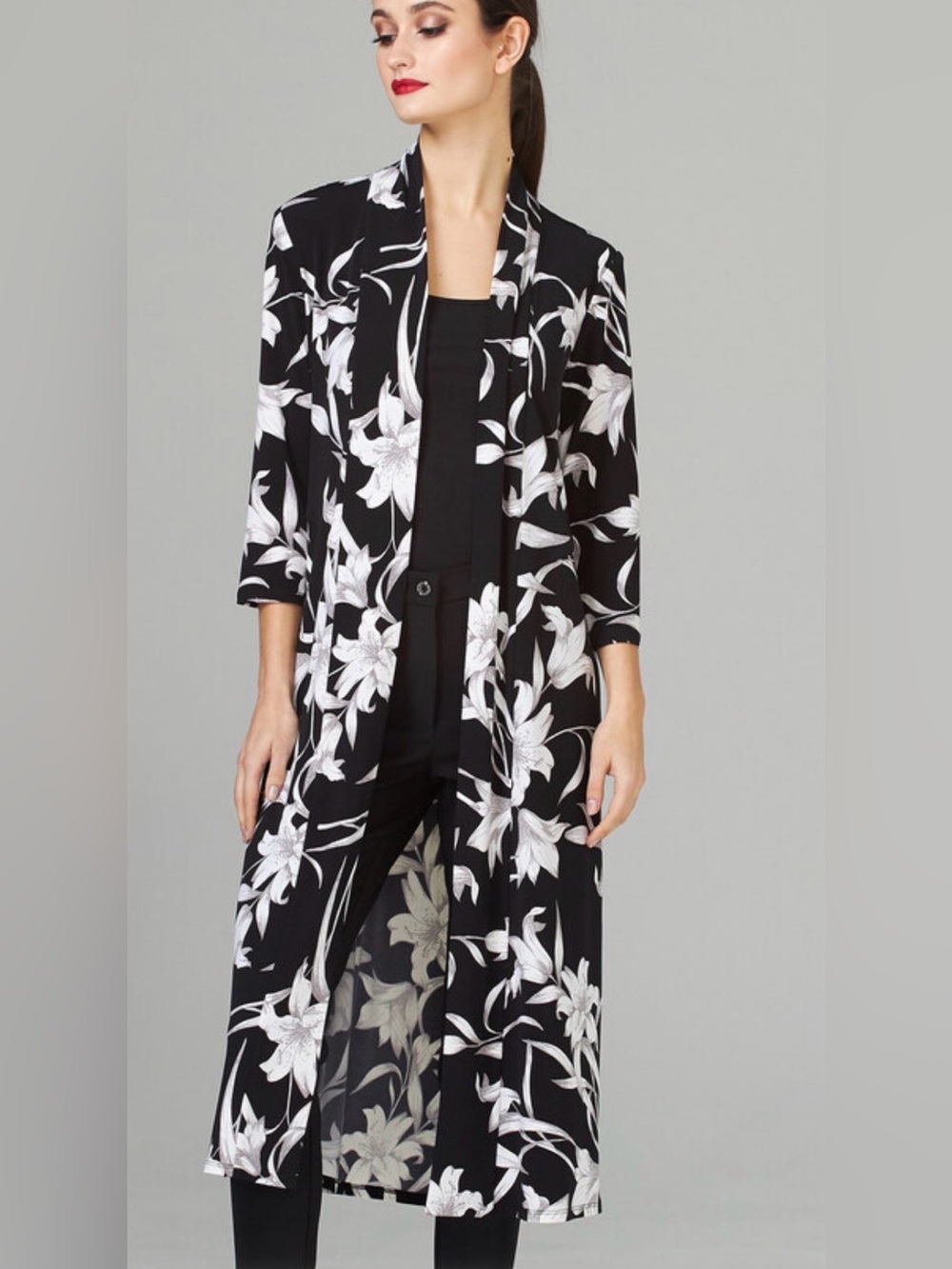 Joseph Ribkoff Black and White Floral Long Kimono